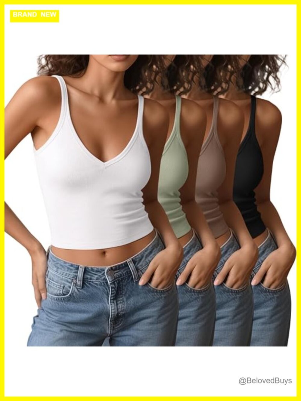 4-Pack V Neck Crop Tank Tops Cotton Spandex Summer Cami Shirts